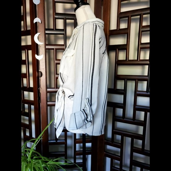 White and black striped button-down blouse with tie waist (Size M) - Picture 2 of 4